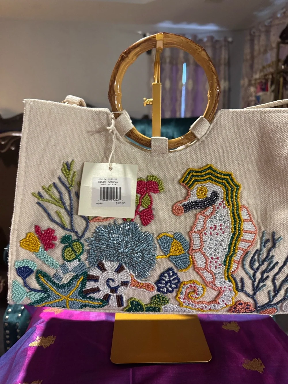 NWT Sol & Mer Beaded Seahorse Tote Bag Bamboo Handle Natural - Picture 3 of 5
